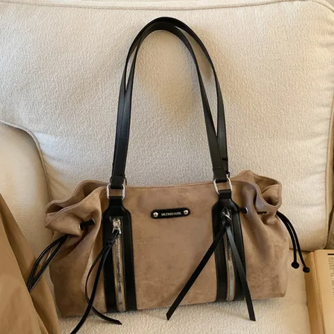 Bolso Tote de Ante Sintético Gran Capacidad para Mujer Invierno Vintage Color Sólido Bolso de Hombro Minimalista Viaje Borla