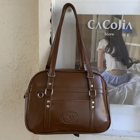 Sac Tote Grande Capacité pour Femmes en Cuir PU Style Vintage Preppy JK Sac à Épaule pour Navettage Avec Rivets en Cœur