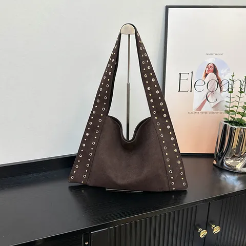 Bolso Tote de Gamuza para Mujer Vintage Remaches Ojales Bolso de Hombro Gran Capacidad Bolso Hobo Bolso de Mano Color Sólido