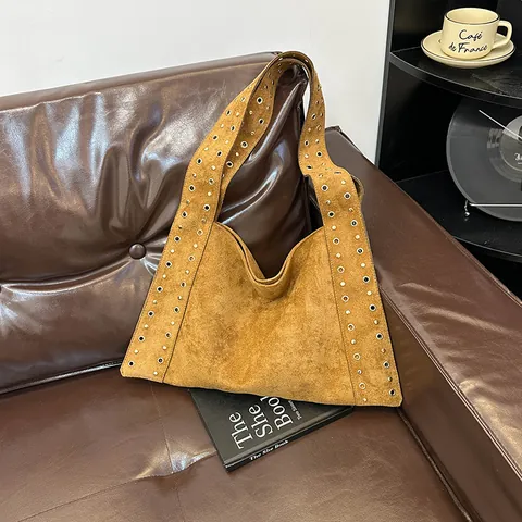Bolso Tote de Gamuza para Mujer Vintage Remaches Ojales Bolso de Hombro Gran Capacidad Bolso Hobo Bolso de Mano Color Sólido