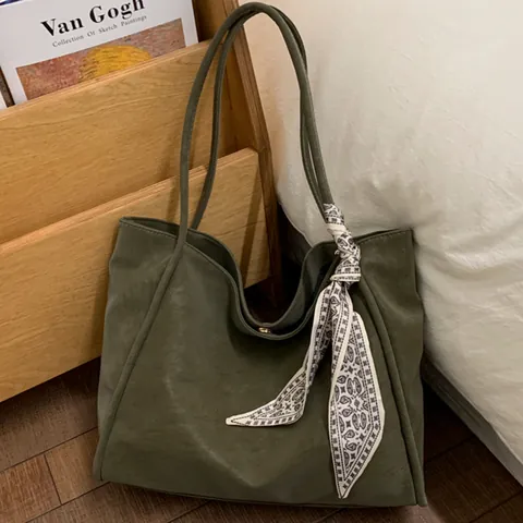 Large Capacity PU Leather Tote Bag For Women Retro Minimalist Shoulder Bag With Satin Scarf Daily Commute Handbag 2025 New Style