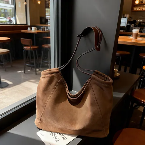 Women Large Capacity Suede Tote Bag Minimalist Vintage Shoulder Bag Solid Color Commute Handbag For Ladies Daily Use