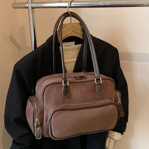 Vintage Women Frosted PU Leather Shoulder Bag Large Capacity Multi Pocket Boston Tote Handbag Retro Solid Color Commuting Bag