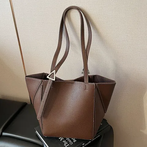 Urban Simple Damen Einkaufstasche Litschi Textur PU Leder Schultertasche Mit Kontrastnaht Und Dreieckiger Schnalle Handtasche