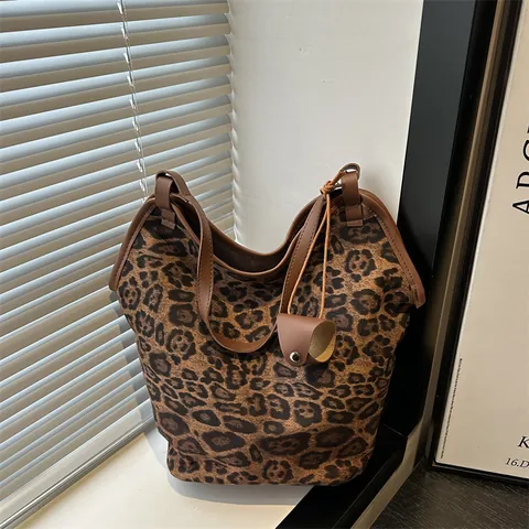 Damen Große Kapazität Leopardenmuster Tote Bag Lässig Stoff Umhängetasche Mit PU Leder Griff Täglich Pendeltasche
