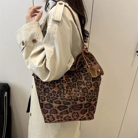 Damen Große Kapazität Leopardenmuster Tote Bag Lässig Stoff Umhängetasche Mit PU Leder Griff Täglich Pendeltasche