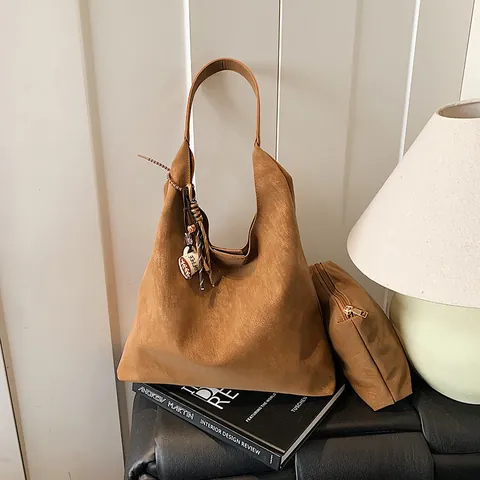 Women's Vintage Suede-Look PU Leather Large Capacity Tote Bag Minimalist Hobo Shoulder Bag With Coffee Cup Charm