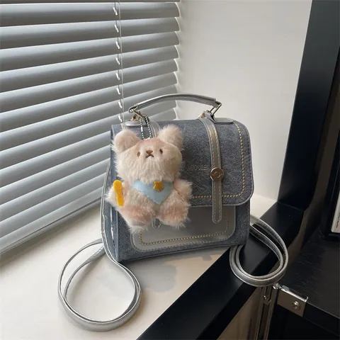 Women's Vintage Patchwork Mini Backpack Fashionable Denim Style School Bag With Cute Plush Bear Pendant For Daily Travel