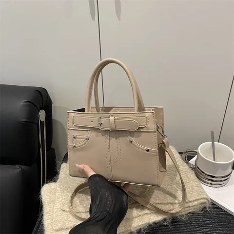 Women Retro PU Leather Handbag Fashion Rivet Belt Buckle Crossbody Bag Small Square Shoulder Bag For Daily Commute Office