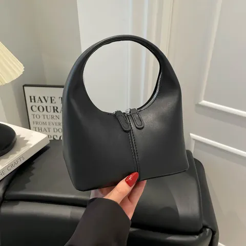 Women Small Hobo Handbag PU Leather Solid Color Half Moon Bag With Double Zipper For Casual Travel Fashion Elegant Mini Bag