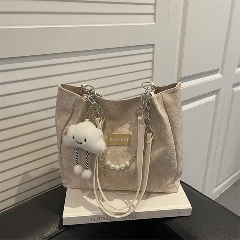 Large Capacity Women Tote Bag Jacquard Floral Pattern With Artificial Pearl Chain Decoration Fashion Shoulder Bag For School Commuting