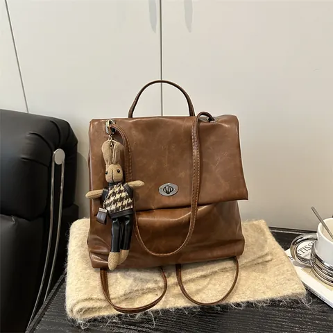 Women Vintage PU Leather Backpack Shoulder Bag Large Capacity Tote With Bunny Charm Urban Minimalist Commute Travel Handbag