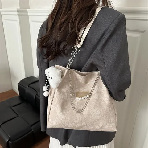 Large Capacity Women Tote Bag Jacquard Floral Pattern With Artificial Pearl Chain Decoration Fashion Shoulder Bag For School Commuting