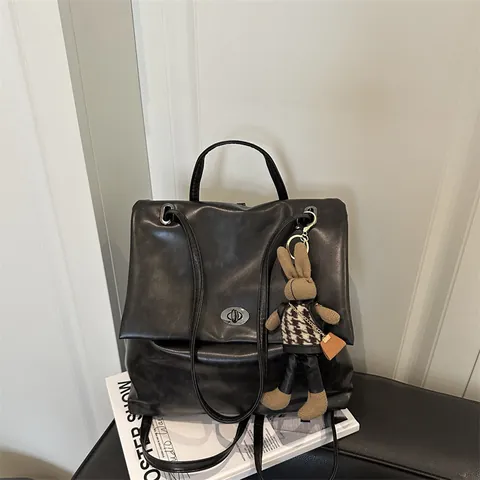 Women Vintage PU Leather Backpack Shoulder Bag Large Capacity Tote With Bunny Charm Urban Minimalist Commute Travel Handbag