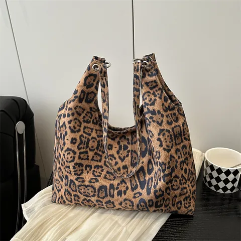 Vintage Leopardenmuster Große Kapazität Tragetasche Damen Wildlederoptik Schultertasche Magnetverschluss Mode Handtasche