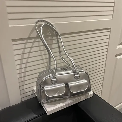 Glänzende PU Leder Achseltasche Für Damen Vintage Minimalistisch Umhängetasche Mit Doppelten Fronttaschen Und Reißverschluss