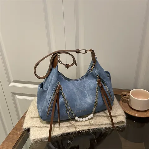 Bolso Tote de Gran Capacidad para Mujer Cuero PU con Cadena de Perlas Artificiales y Borla Bolso de Hombro Vintage Hobo Casual