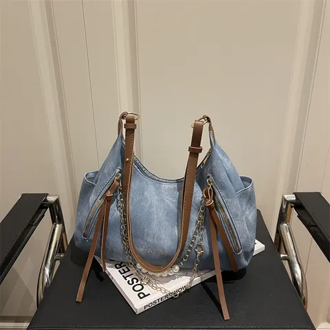 Bolso Tote de Gran Capacidad para Mujer Cuero PU con Cadena de Perlas Artificiales y Borla Bolso de Hombro Vintage Hobo Casual
