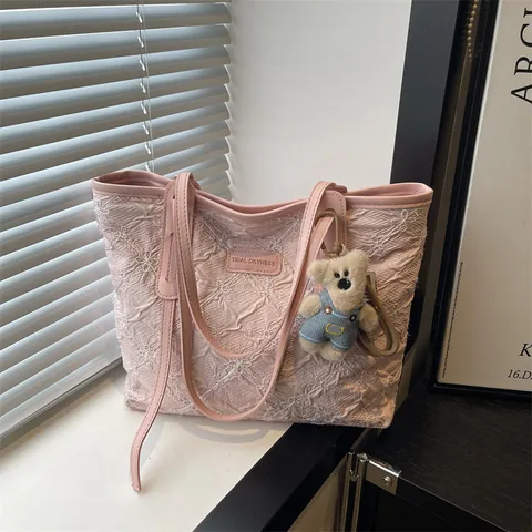 Women Large Capacity Tote Bag Pleated Fabric White Floral Embroidery PU Leather Shoulder Handbag With Bear Charm