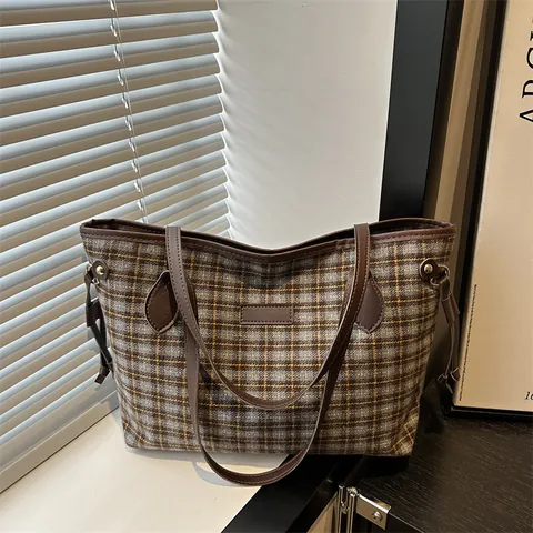 Vintage Plaid Tote Bag For Women Large Capacity Tweed Fabric PU Leather Trim Commuter Casual Shoulder Bag For Office School