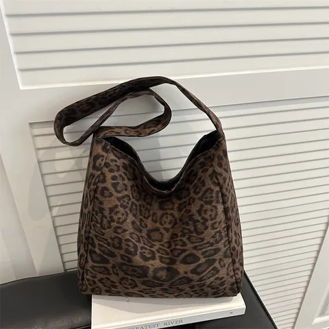 Vintage Leopard Print Tote Bag Large Capacity Minimalist Fabric Shoulder Bag Brown Commuter Handbag For Women Casual Bag