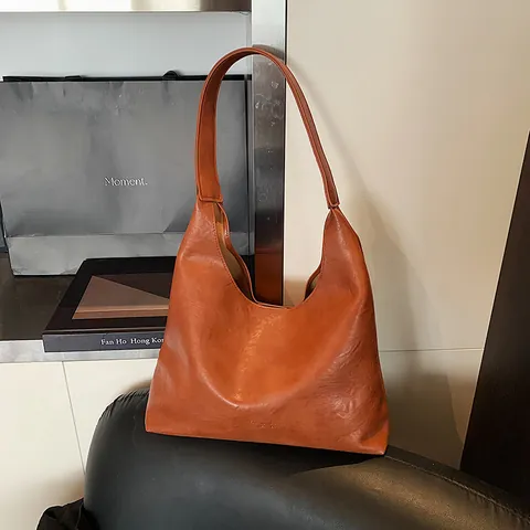 Bolsa Tote de Cuero PU para Mujer Gran Capacidad Minimalista Vintage Estilo Maillard Color Sólido Bolso de Hombro Diario