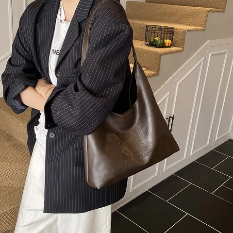 Bolsa Tote de Cuero PU para Mujer Gran Capacidad Minimalista Vintage Estilo Maillard Color Sólido Bolso de Hombro Diario