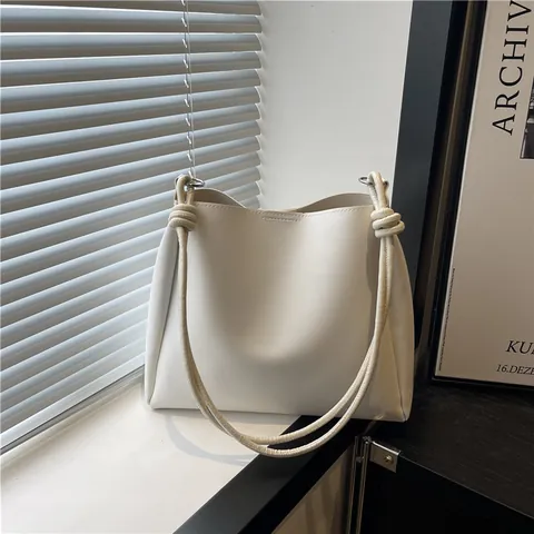 Women Large Capacity PU Leather Tote Bag Minimalist Knot Strap Shoulder Bag Retro Commuting Bucket Bag For Women