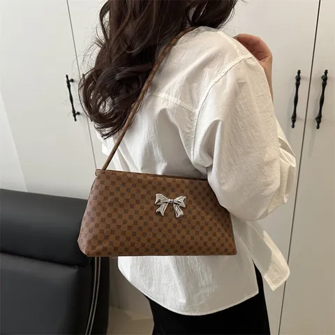 Vintage Women PU Leather Underarm Bag With Metal Bow Detail Monogram Floral Printed Shoulder Bag Casual Small Square Handbag