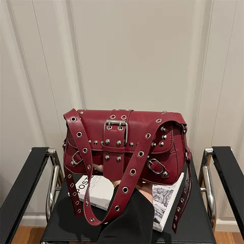 Punk Rivet Shoulder Bag Women Vintage Y2K PU Leather Underarm Bag Metal Eyelets Belt Buckle Fashion Commuter Purse