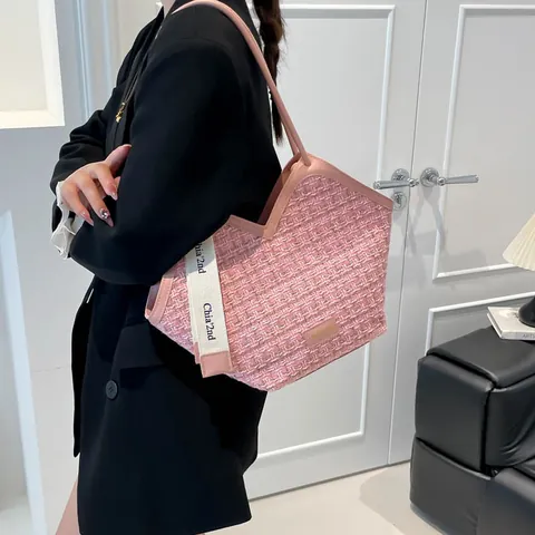 Women Large Capacity Tweed Tote Bag Elegant V-Shaped Opening Shoulder Bag With Ribbon Fashion Commuter Handbag