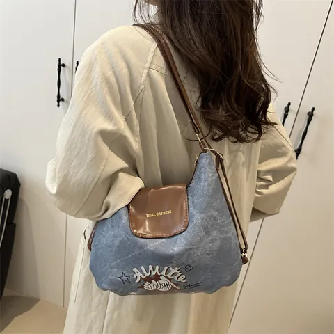 Sac en Bandoulière Femme American Vintage Imprimé Cartoon Denim Lavé Toile Rétro Épissage Sac à Épaule Casual Travel Tote