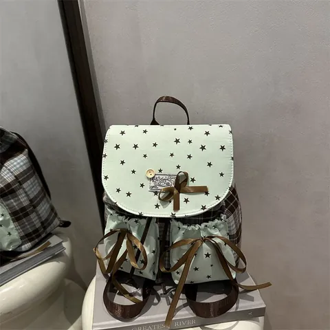 Vintage Preppy Segeltuch PU Karo Rucksack Für Damen Sternenmuster Schleife Satinband Schule Daypack Mode Nische Kleiner Rucksack