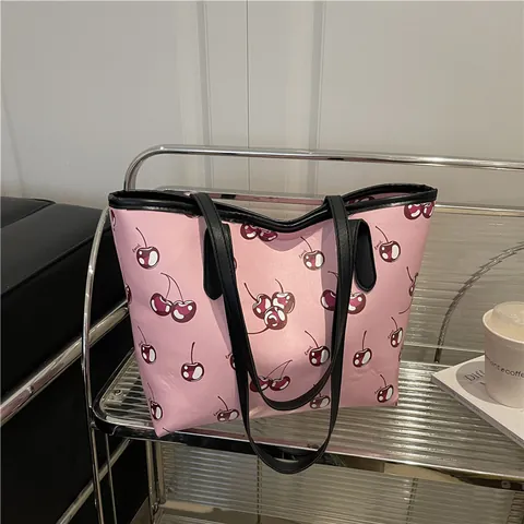 Bolso De Hombro Para Mujer Bolso Tote Cuero PU Estampado De Cereza Gran Capacidad Casual Moderno Cremallera