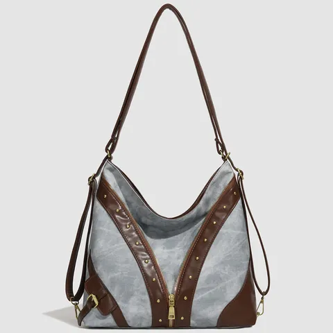 Mochila para Mujer de Lona Vintage y Cuero PU Empalme Gran Capacidad Bolso Tote de Hombro con Remaches Mochila Casual Diaria