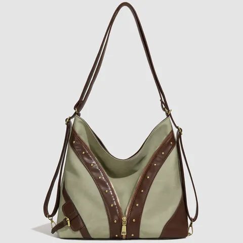 Mochila para Mujer de Lona Vintage y Cuero PU Empalme Gran Capacidad Bolso Tote de Hombro con Remaches Mochila Casual Diaria