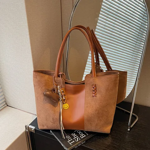 Women Korean Minimalist Patchwork PU Leather Tote Large Capacity Daily Shoulder Underarm Bag With Smiley Charm