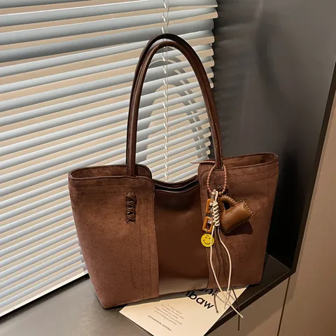Women Korean Minimalist Patchwork PU Leather Tote Large Capacity Daily Shoulder Underarm Bag With Smiley Charm