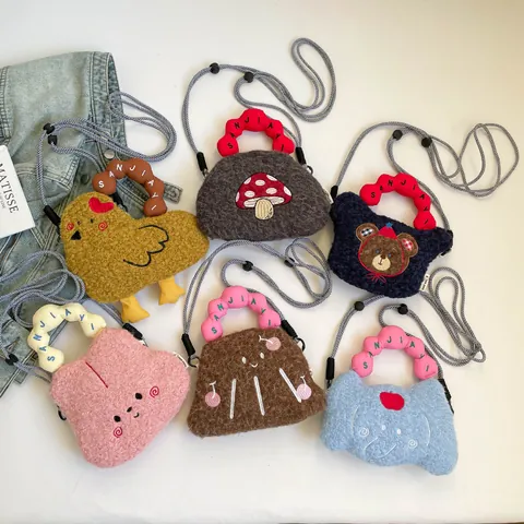 Borsa a Mano in Peluche Stile Giapponese per Donna Ricamo Cartone Animato Colore a Contrasto Piccola Borsa a Tracolla Lana di Agnello