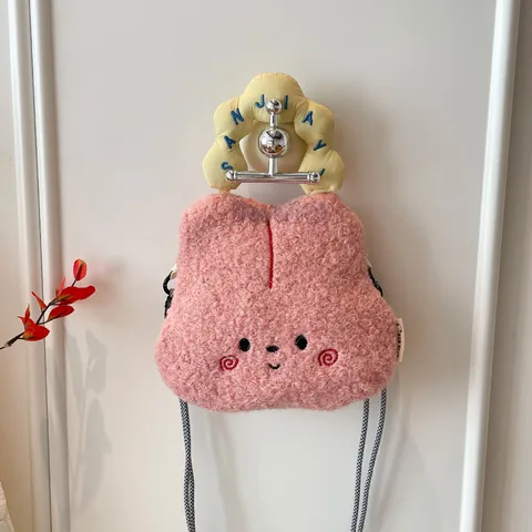 Borsa a Mano in Peluche Stile Giapponese per Donna Ricamo Cartone Animato Colore a Contrasto Piccola Borsa a Tracolla Lana di Agnello