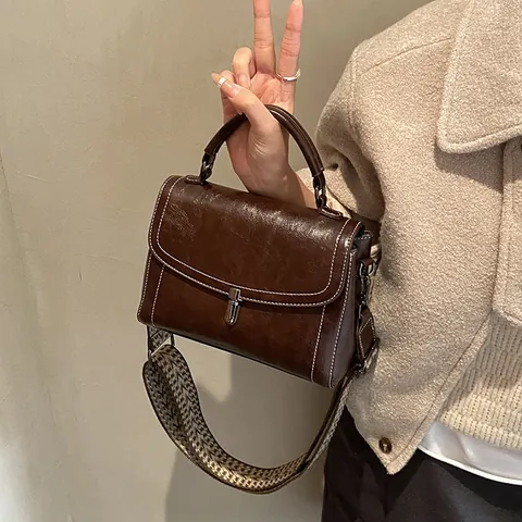 Vintage PU Leder Kleine Quadratische Tasche Für Damen Ziernaht Handtasche Breiter Geometrischer Gurt Umhängetasche
