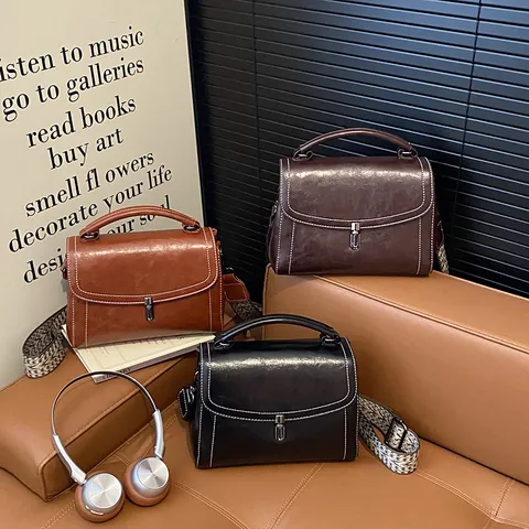Vintage PU Leder Kleine Quadratische Tasche Für Damen Ziernaht Handtasche Breiter Geometrischer Gurt Umhängetasche