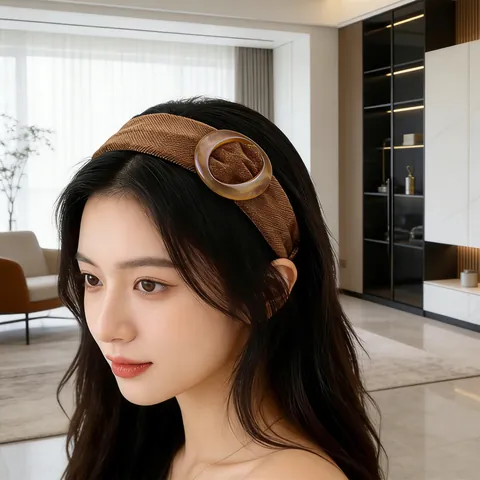 Vintage Brede Stof Haarband Met Schildpad Hars Cirkel Gesp Retro Dames Haaraccessoires Mode Hoofdband