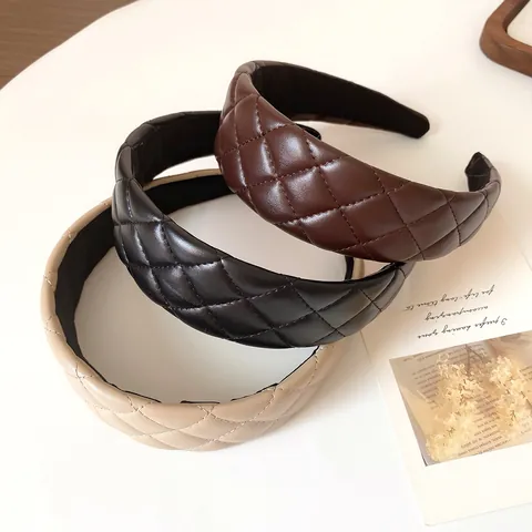 Vintage Quilted Faux Leather Padded Headband For Women Wide Plain Solid Color Korean Style Hair Band Hair Accessory