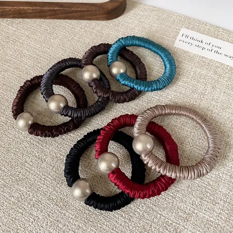 Coletero de Satén Plisado Estilo Coreano Elegante de Alta Elasticidad Con Perla de Imitación Grande Accesorios para el Cabello