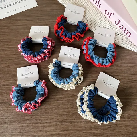 Sweet Lace Ruffled Denim Look Fabric Scrunchies Checkered Striped Elastic Hair Ties For Women Girls Daily Hair Accessories