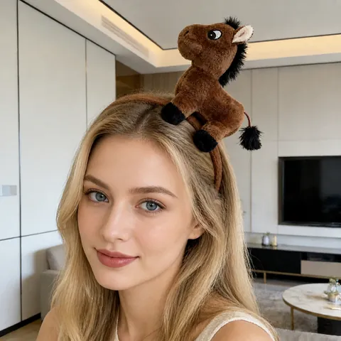 Serre-tête Créatif en Peluche Poney Animal Mignon Cheval de Dessin Animé 3D pour Enfants Adultes Accessoire de Photo Fête Décoration