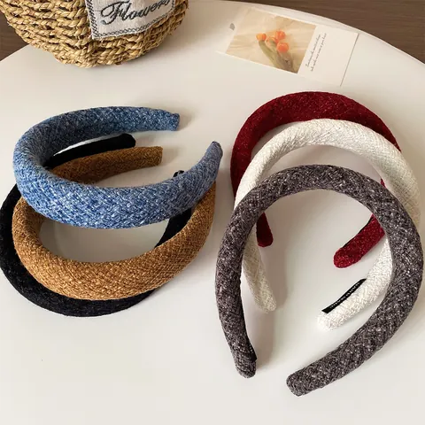 Women Vintage Tweed Padded Headband Wide Brim Thickened Sponge Hair Hoop Korean Style Retro Plaid Handmade Hair Accessories