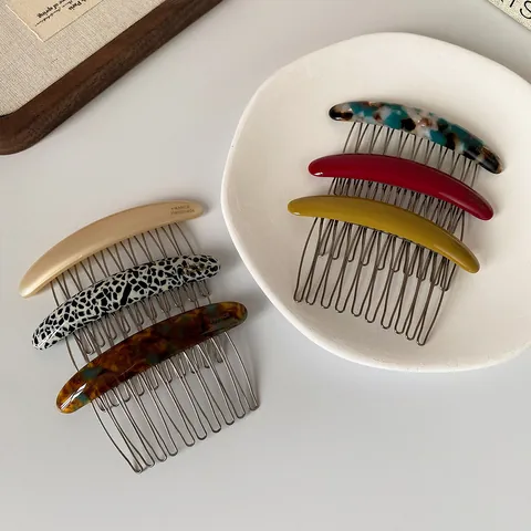 French Vintage Acetate Hair Side Combs For Women Metal Teeth Hair Comb Tortoiseshell Marble Leopard Print Handmade Hair Accessories