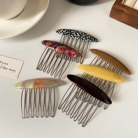 French Acetate Hair Comb For Women Minimalist Vintage Hair Side Comb Updo Hair Styling Tool Leopard Marble Pattern Hair Fork Clip